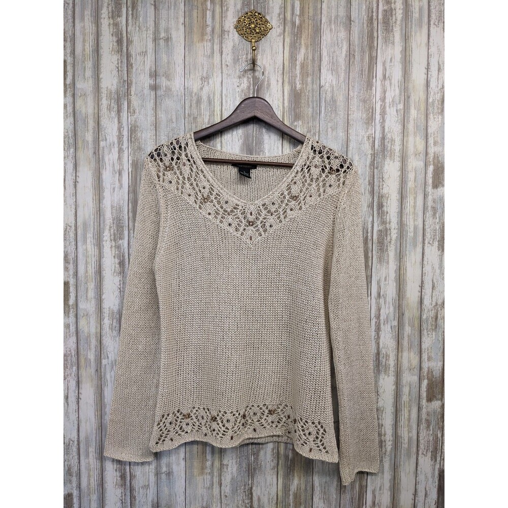 BCBG MAX AZRIA Women's Large Open Knit Sweater Beachy Boho Beaded Beige